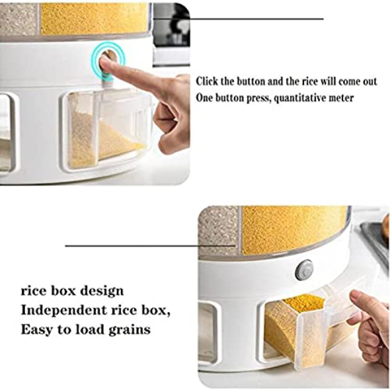 TAMTAK 쌀 디스펜서 건조 식품 디스펜서 360 ° 회전 식품 디스펜서 깔때기가있는 측정 배럴 가정용 분리형
