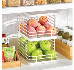 mDesign 스태킹 와이어 바구니 식품 정리함 주방 캐비닛, 식료품 저장실, 찬장 및 선반용 개방형 전면이 있는 보관용 금속 바구니 - 과일, 스낵 및 야채 정리 - 4팩 - 화이트