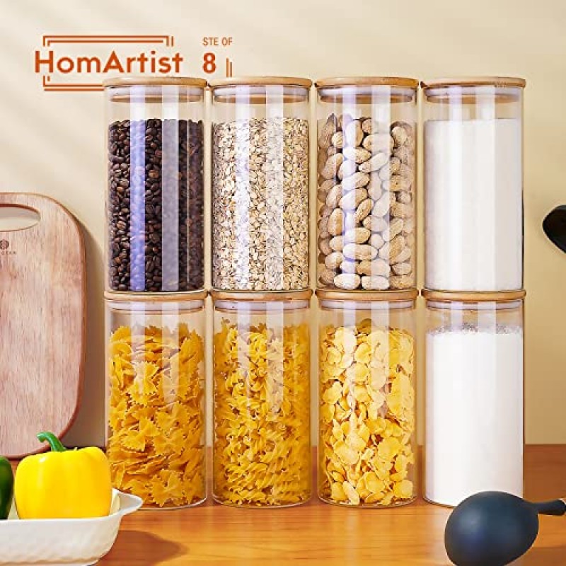 HomArtist 대나무 뚜껑이 있는 유리병 34oz X8 & 53oz X4 [12개 세트], 밀폐 뚜껑이 있는 유리 용기, 유리 식품 보관 용기