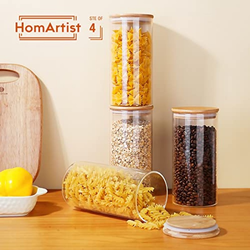 HomArtist 대나무 뚜껑이 있는 유리병 34oz X8 & 53oz X4 [12개 세트], 밀폐 뚜껑이 있는 유리 용기, 유리 식품 보관 용기