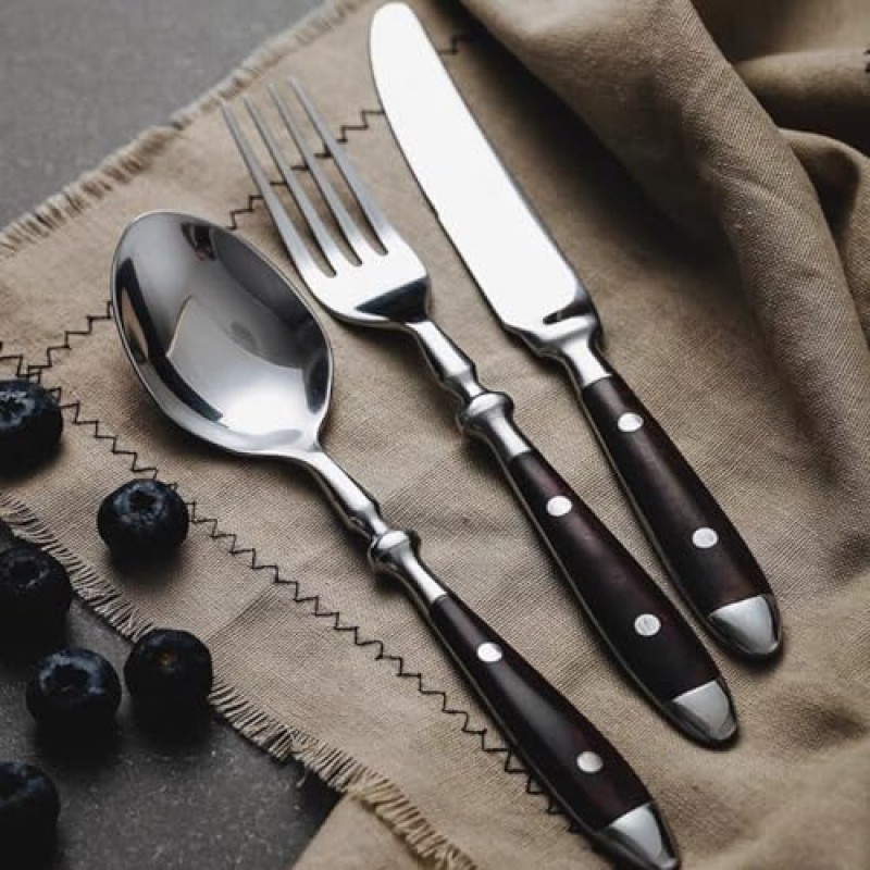 리벳은 제품 세트 8(40PCS) 나무 손잡이 18/10 스테인레스 스틸 Flatware 칼 붙이 Utensi 세트 거울 광택 스테이크 식기 숟가락 포크 나이프 세트 홈 호텔 레스토랑 크리스마스