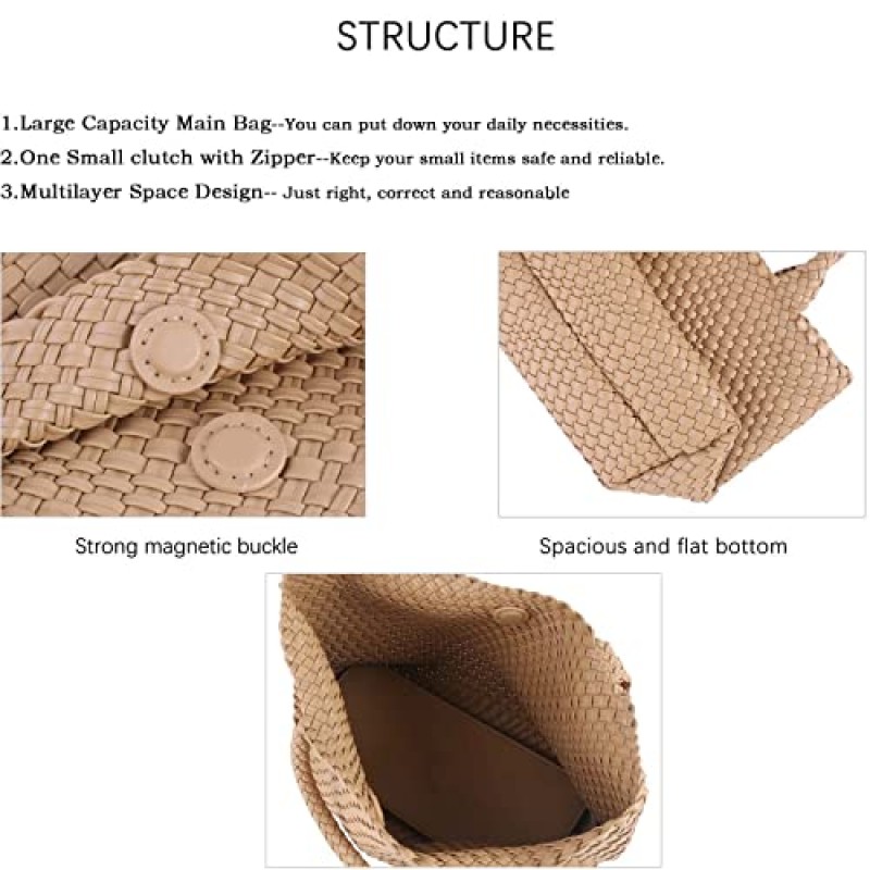 여성용 Vipost 우븐 토트 백, 지갑이 포함된 대형 비건 가죽 비치 백, 탑 핸들 여행 핸드백 우븐 숄더백