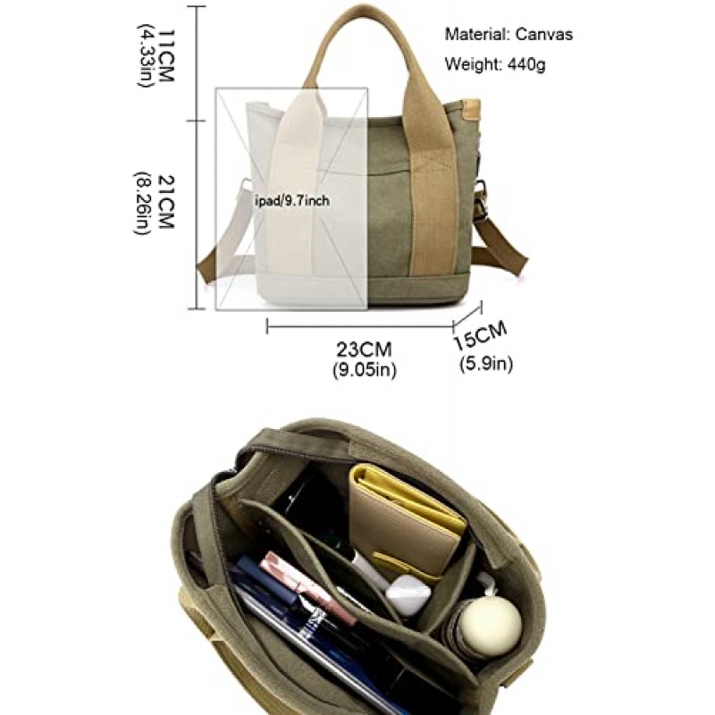 여성용 핸드백 소형 멀티 포켓, 지퍼가 달린 캔버스 미니 토트 숄더 백, 여행용 사첼 호보 백