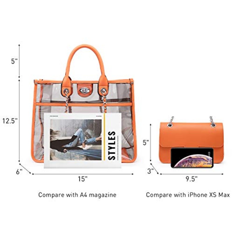 여성을위한 대형 클리어 토트 백 여행 핸드백 투명 지갑 2 세트 PVC 탑 핸들 숄더 크로스 바디 백