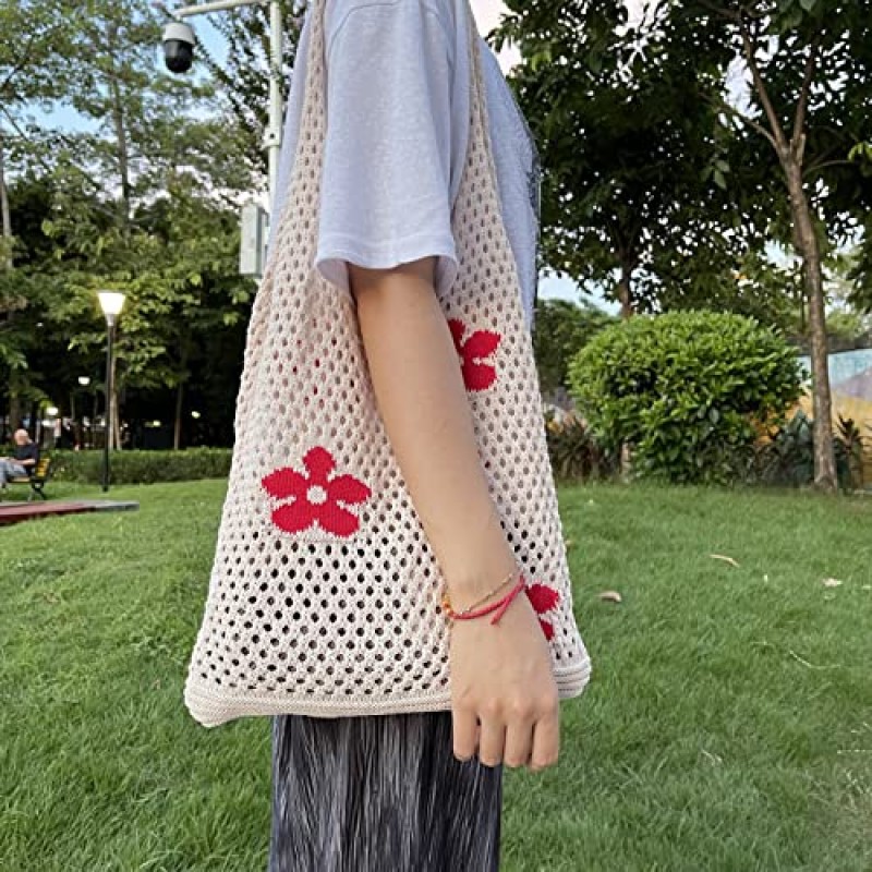 여성용 크로 셰 뜨개질 가방 Fairycore Hobo Bag 여름 미적 요정 그런지 비치 니트 토트 백