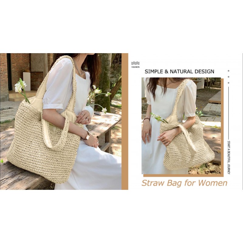 Hatisan 여성용 밀짚 비치 가방 여름 짠 비치 토트 백 숄더 핸드백 Boho Bag