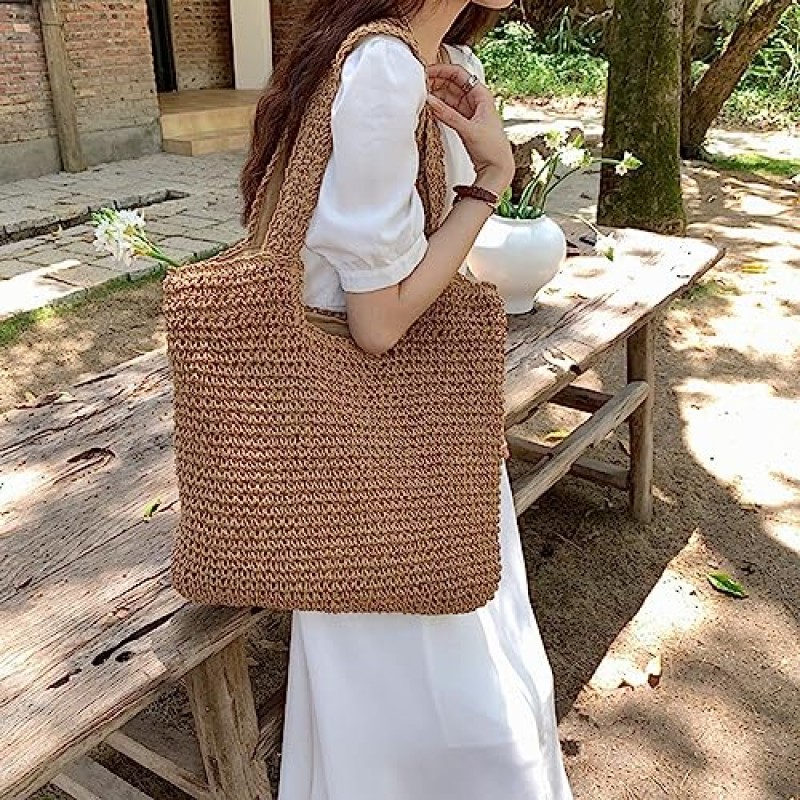 여성용 밀짚 숄더 토트 백, 지퍼가 달린 짠 비치 토트 백 대형 여름 핸드백 Boho Bag