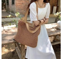 여성용 밀짚 숄더 토트 백, 지퍼가 달린 짠 비치 토트 백 대형 여름 핸드백 Boho Bag