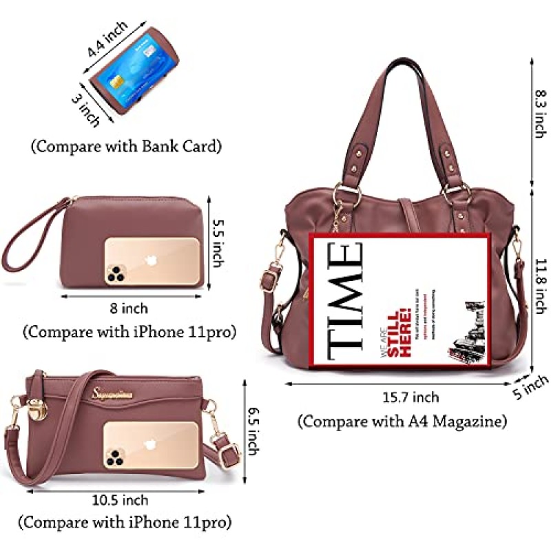 Soperwillton 여성용 핸드백 대형 버킷 숄더 백 인조 가죽 호보 백 여성용 크로스 바디 백 3pcs 지갑 세트