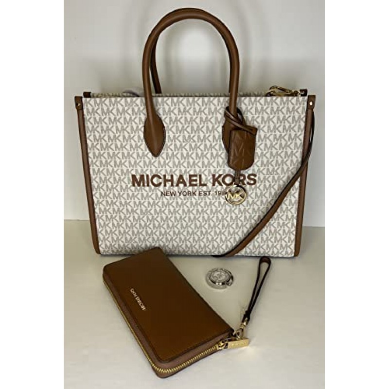 Michael Kors Mirella MD EW 로고 토트백, 라지 컨티넨탈 지갑과 지갑 후크가 번들로 제공됨