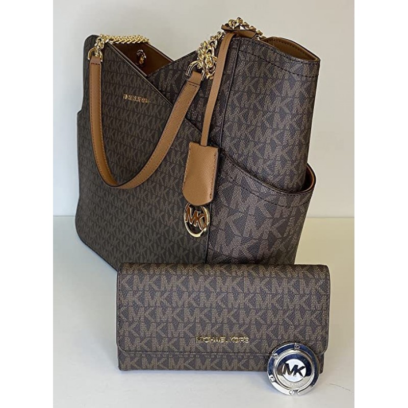 Michael Kors 제트 세트 여행용 대형 체인 숄더 토트, 삼단 지갑 및 Michael Kors 지갑 후크가 번들로 제공됨