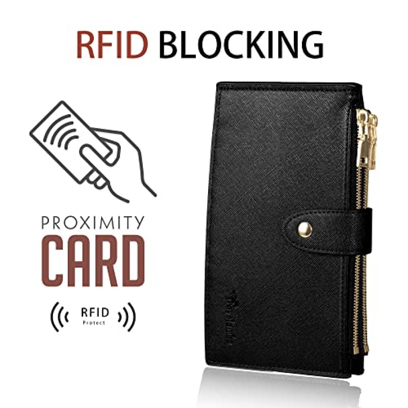 Travelambo 지갑 여성 RFID 차단 지퍼 포켓이 있는 이중 멀티 카드 지갑 케이스 RFID 지갑 여성 (검은색)