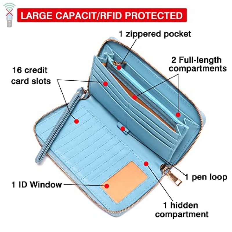 YZAOLL 여성용 지갑 RFID 차단 PU 가죽 대용량 지퍼 신용 카드 소지자 휴대폰 수표 보관 가방 지퍼 동전 지갑,pearblue
