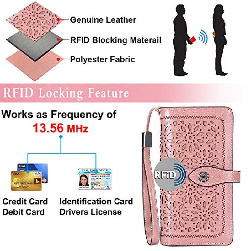 HUANLANG 여성용 지갑 손목 스트랩이있는 여성용 동전 주머니 RFID 지갑 주최자가있는 대형 여성용 가죽 지갑 (핑크색)