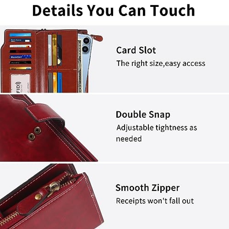 Lynexo 여성용 지갑 가죽 RFID 차단 롱 지갑 대용량 카드 홀더 주최자 Trifold Ladies Phone Clutch (Red)