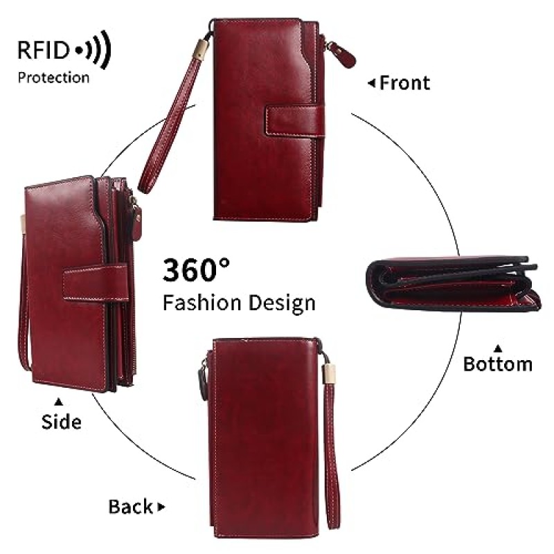 Lynexo 여성용 지갑 가죽 RFID 차단 롱 지갑 대용량 카드 홀더 주최자 Trifold Ladies Phone Clutch (Red)