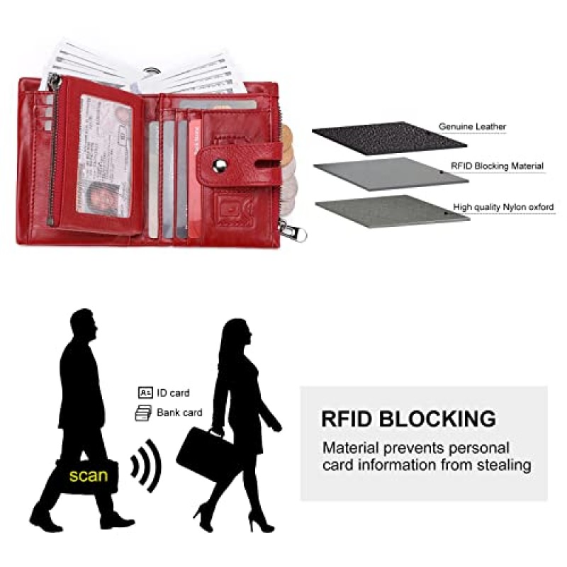 여성용 빌 하트 체인 지갑, 도난 방지 체인 B02-Red가 포함된 정품 가죽 RFID 차단 이중 지갑