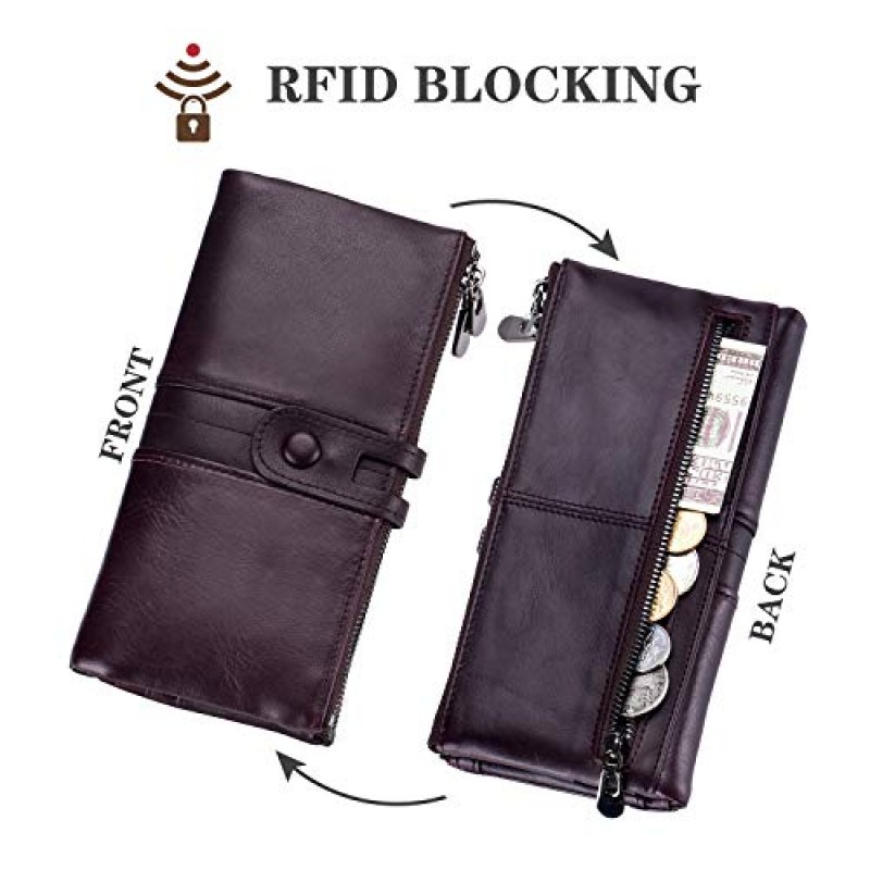 여성용 Roulens 지갑 대용량 정품 가죽 Bifold RFID 차단 카드 홀더 지퍼 포켓이있는 클러치 지갑