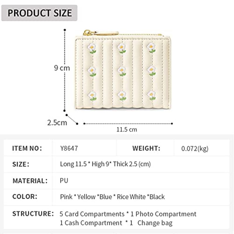 FFpaw 여자를위한 귀여운 작은 지갑 꽃 ​​Bifold 지갑 PU 가죽 동전 지갑 ID 창이있는 지퍼 신용 카드 소지자 (White-S)