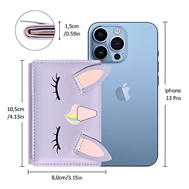 SNCCJ 여성용 귀여운 소형 지갑, 여성용 패션 삼단 지갑, ID 창이 있는 짧고 슬림한 여성용 지갑(유니콘 퍼플)
