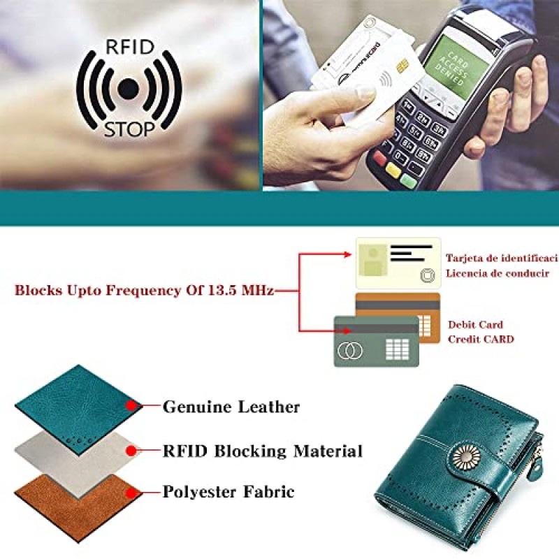 SENDEFN 여성용 지갑 파우치 지갑 정품 가죽 Bifold ID 창 RFID 선물 상자로 보호 (블루)