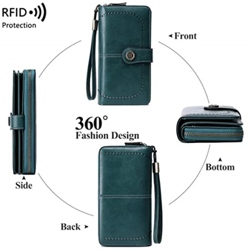 여성용 대형 RFID 차단 지갑 - 스냅 잠금 장치가 있는 PU 가죽 지갑, 3페이지 신용 카드 소지자, 수표 책 슬롯 3개, 지퍼 잠금 장치 2개, 분리형 팔찌, 동전 슬롯 세련되고 안전함
