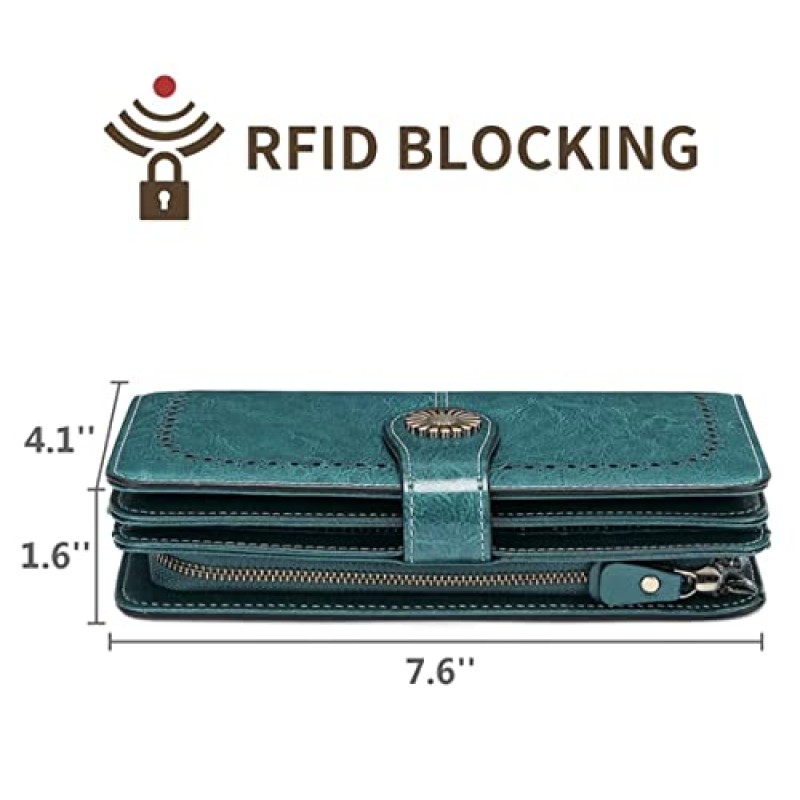 여성용 대형 RFID 차단 지갑 - 스냅 잠금 장치가 있는 PU 가죽 지갑, 3페이지 신용 카드 소지자, 수표 책 슬롯 3개, 지퍼 잠금 장치 2개, 분리형 팔찌, 동전 슬롯 세련되고 안전함
