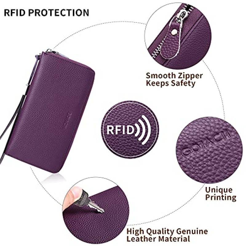 GOIACII 여성용 지갑 RFID 차단 가죽 신용 카드 소지자 전화 클러치 지갑, 팔찌가있는 대용량 Bifold 주최자