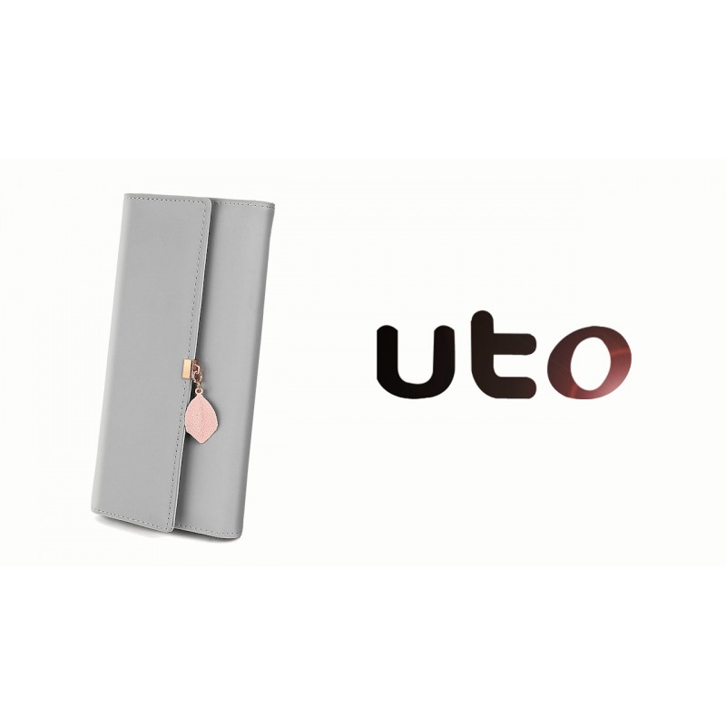 UTO 여성용 손목 지갑 리프 펜던트 PU 가죽 카드 전화 수표 홀더 지퍼 동전 지갑 스트랩 블랙