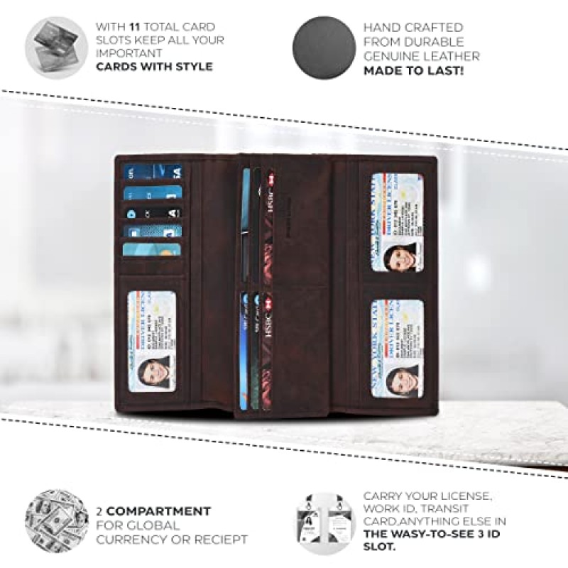 ESTALON 여성용 가죽 지갑 - 11개의 카드 슬롯이 있는 RFID 차단 수표 지갑(브라운 헌터, 7.6X4X0.8)