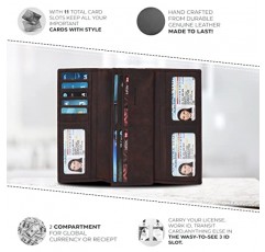ESTALON 여성용 가죽 지갑 - 11개의 카드 슬롯이 있는 RFID 차단 수표 지갑(브라운 헌터, 7.6X4X0.8)