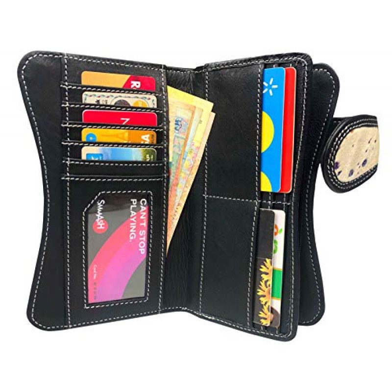 Leather Book® LW-1805 Rainbow 여성용 지갑 |카드 슬롯 12개|카드 창 1개|슬라이드 포켓 ​​3개|지퍼 포켓 1개 | 저지 레인보우 & 블랙 소가죽