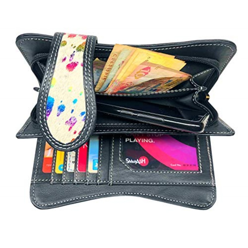 Leather Book® LW-1805 Rainbow 여성용 지갑 |카드 슬롯 12개|카드 창 1개|슬라이드 포켓 ​​3개|지퍼 포켓 1개 | 저지 레인보우 & 블랙 소가죽
