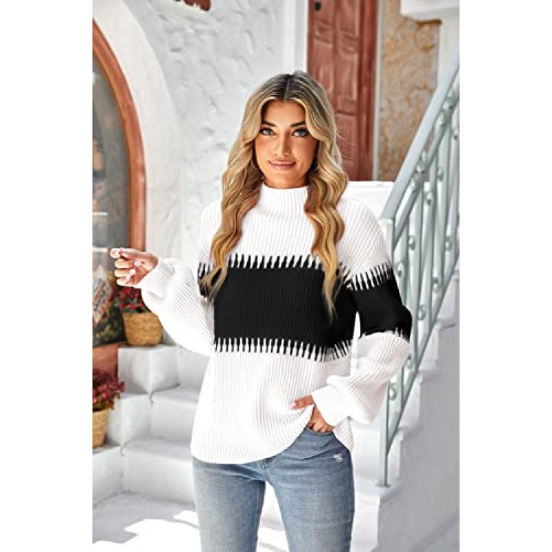 Imysty Womens 터틀넥 스웨터 가을 긴 소매 컬러 블록 스트라이프 풀오버 스웨터 Chunky Knit Jumper