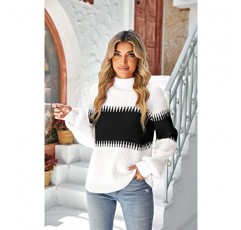 Imysty Womens 터틀넥 스웨터 가을 긴 소매 컬러 블록 스트라이프 풀오버 스웨터 Chunky Knit Jumper
