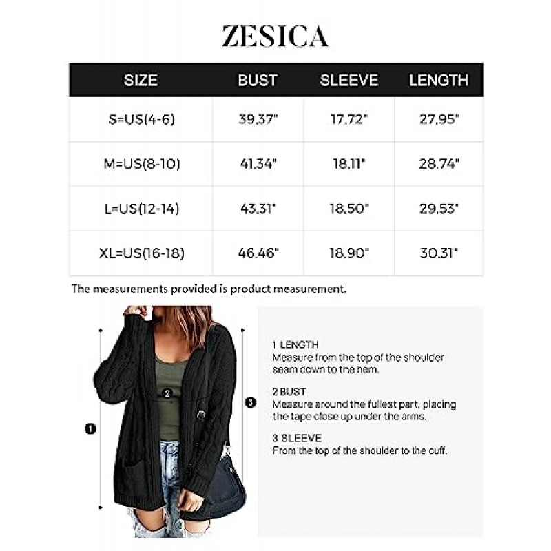 ZESICA 여성용 2023 가을 겨울 청키 케이블 니트 오픈 프론트 스웨터 긴 소매 캐주얼 루즈 카디건 아우터 코트