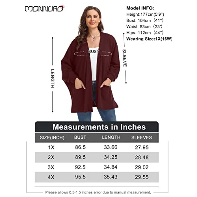 MONNURO 여성용 플러스 사이즈 카디건 오픈 프론트 배트 윙 긴 소매 와플 니트 카디건 스웨터