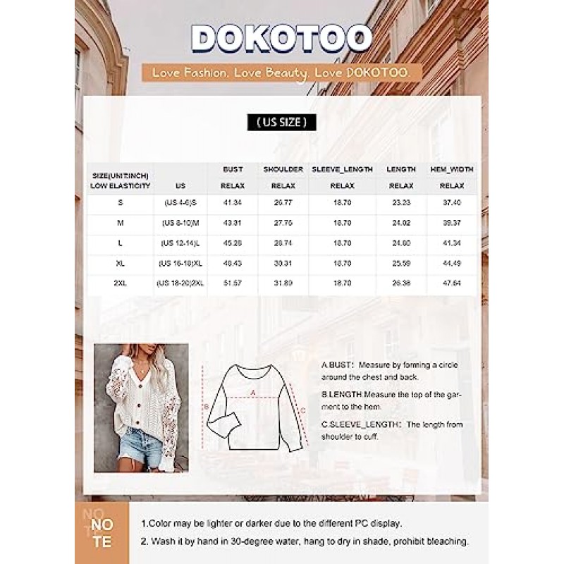 Dokotoo 크로 셰 뜨개질 레이스 V 넥 긴 소매 속이 빈 케이블 니트 카디건 여성용 스웨터 탑