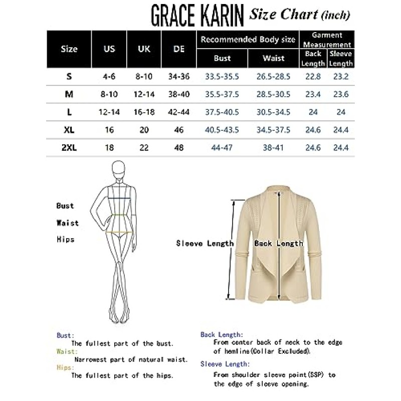 GRACE KARIN 여성용 오픈 프론트 스웨터 블레이저 라펠 카디건 스웨터 포켓이 있는 긴 소매 니트 블레이저 자켓