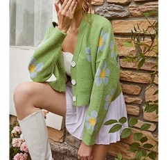 Meladyan 여성용 꽃 니트 루즈 카디건 버튼 긴 소매 V 넥 크롭 스웨터 카디건 탑