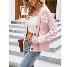chouyatou 여성 가을 ​​귀여운 데이지 버튼 자카드 니트 카디건 스웨터 재킷