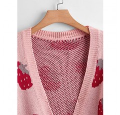 MakeMeChic 여성용 플러스 사이즈 딸기 프린트 긴 소매 오픈 프론트 니트 카디건 스웨터