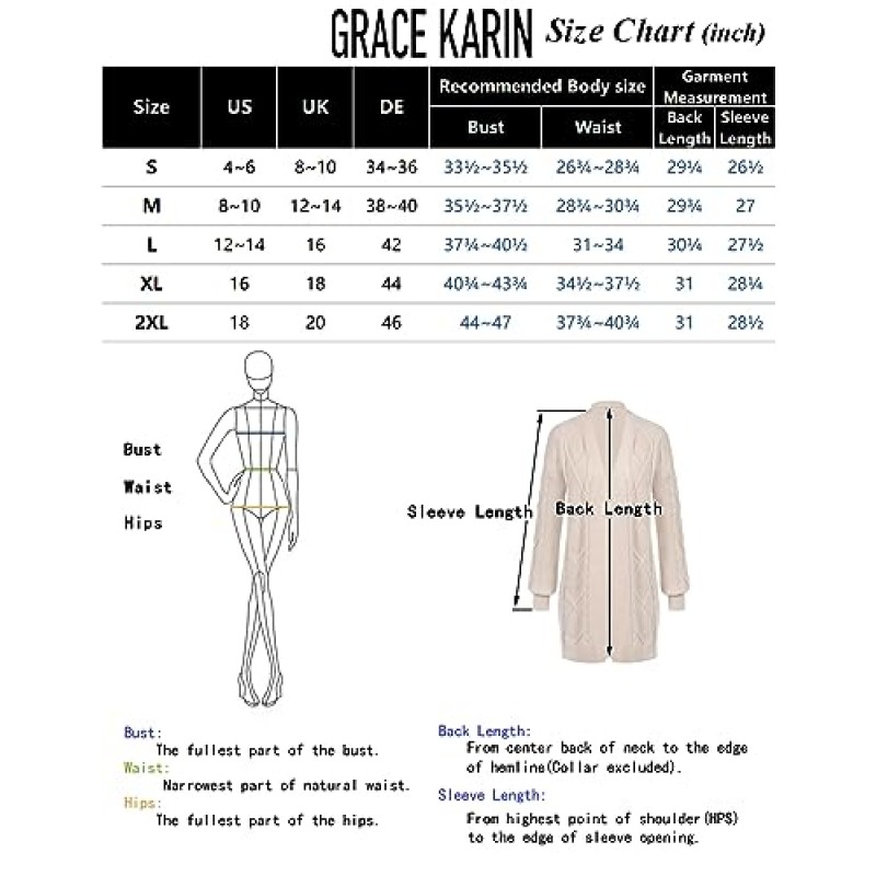 GRACE KARIN 여성용 2023 가을 긴 소매 청키 오버사이즈 가디건 캐주얼 케이블 니트 오픈 프론트 힙 길이 스웨터 아우터웨어