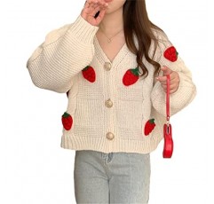 Womens Kawaii 딸기 니트 자른 스웨터 십대 소녀를위한 귀여운 카디건 미적 꽃 Y2k 한국 학교 교복 자켓