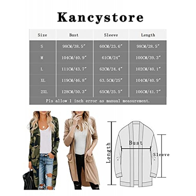 Kancystore 여성용 긴 소매 프린트 오픈 프론트 카디건 포켓 포함 니트 스웨터