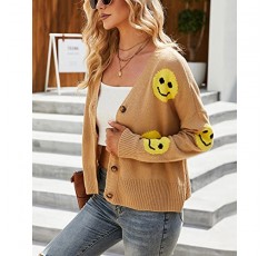 chouyatou 여성용 루즈핏 스마일 페이스 자카드 니트 카디건 스웨터 재킷