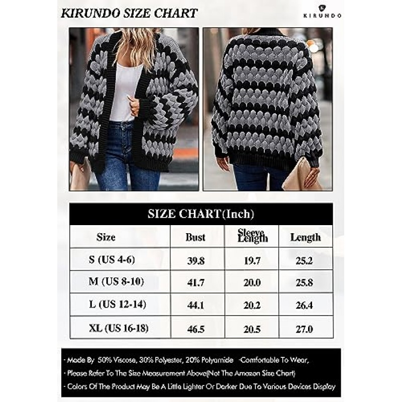 KIRUNDO Womens Cardigan 가을 패션 랜턴 슬리브 오픈 프론트 스트라이프 컬러 블록 루스 케이블 니트 겨울 스웨터 코트