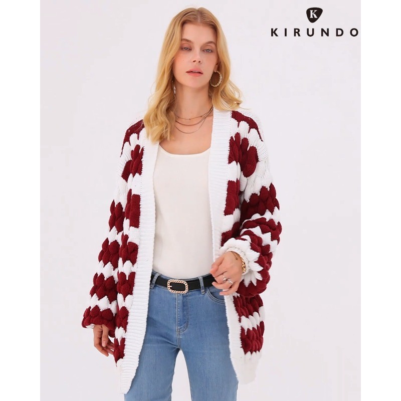 KIRUNDO Womens Cardigan 가을 패션 랜턴 슬리브 오픈 프론트 스트라이프 컬러 블록 루스 케이블 니트 겨울 스웨터 코트