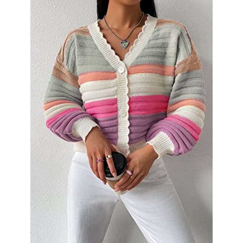 SHENHE 여성용 드롭 숄더 버튼 프론트 긴 소매 귀여운 크롭 카디건 스웨터