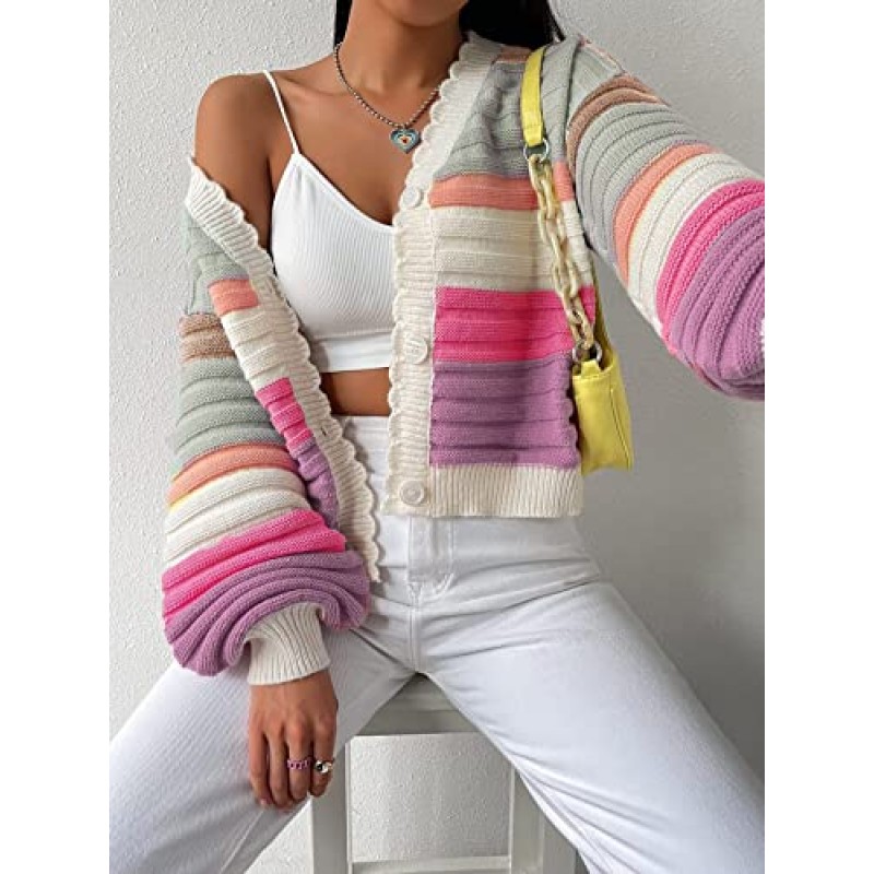 SHENHE 여성용 드롭 숄더 버튼 프론트 긴 소매 귀여운 크롭 카디건 스웨터